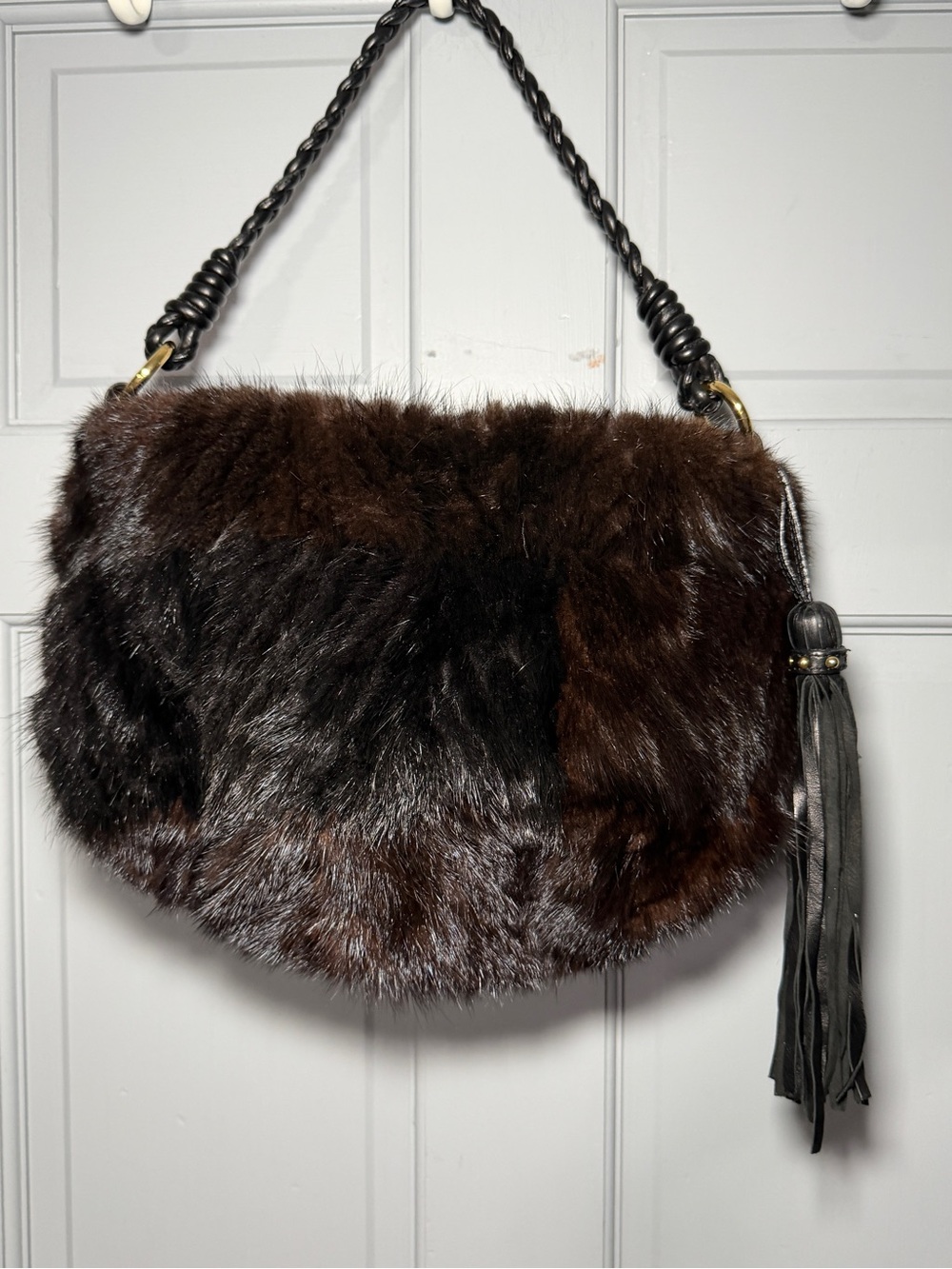 Paolo Masi Dark Brown mink-Fur Shoulder Bag with Braided Strap